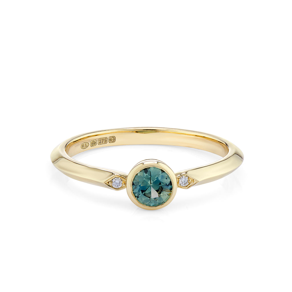 Round teal coloured sapphire and diamond engagement ring